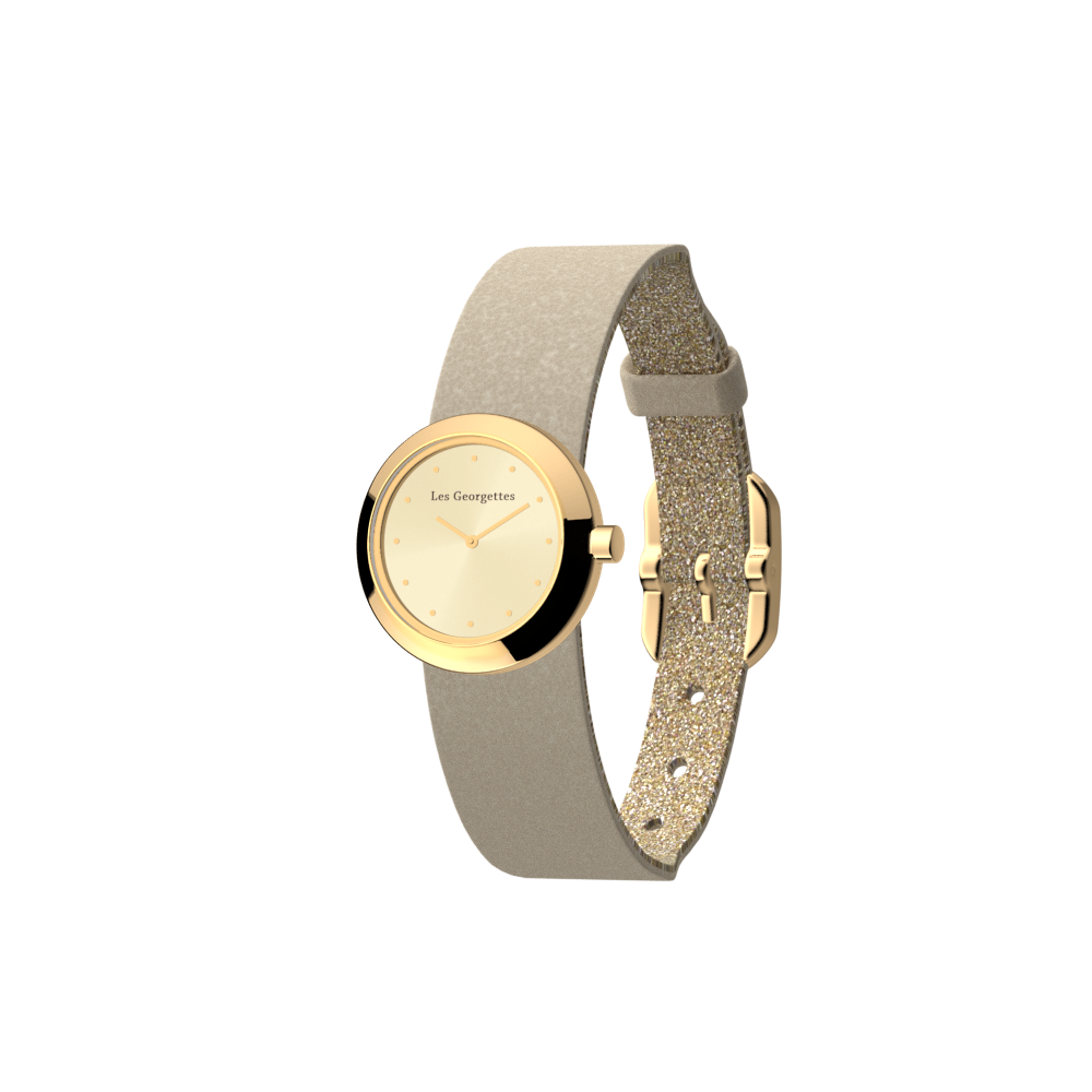 reversible cream / gold glitter watch, l'absolue round watch case, gold finish