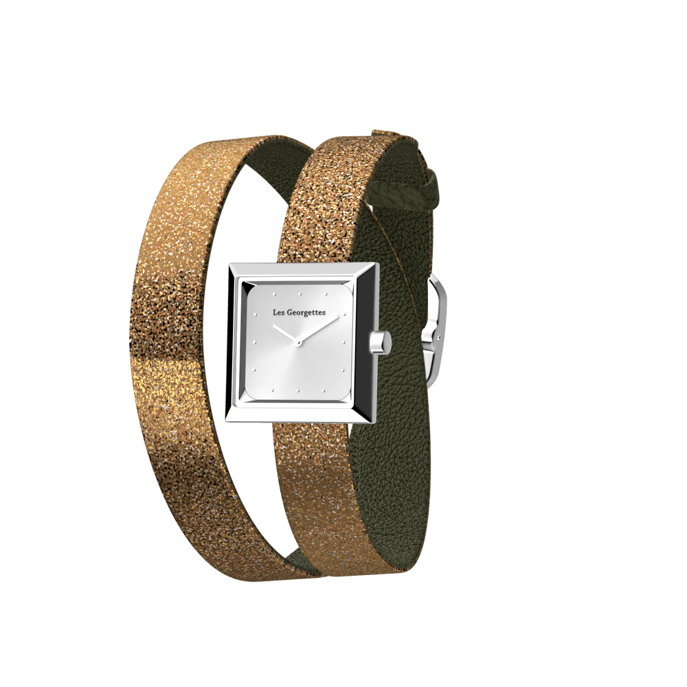 Reversible Bronze Glitter / Verdigris watch, l'Absolue square watch case, Silver finish image number 1