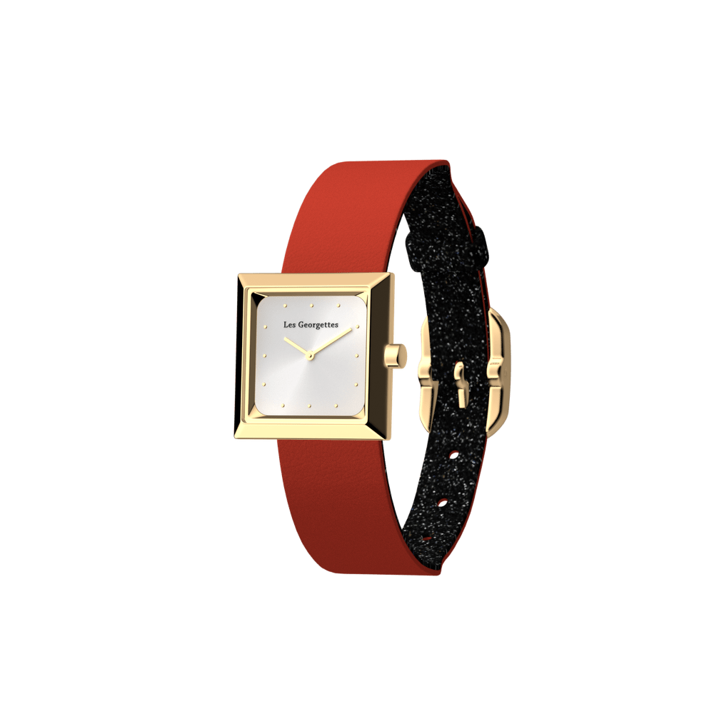 Reversible Black Glitter / Red watch, l'Absolue square watch case, Gold finish image number 2