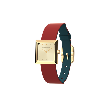 Reversible Petrol Blue / Raspberry watch, l'Absolue square watch case, Gold finish reversible-petrol-blue-raspberry-watch-l-absolue-square-watch-case-gold-finish-pack_bracelet_cuir_montre