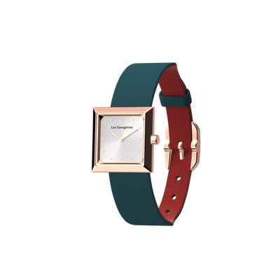 Reversible Petrol Blue / Raspberry watch, l'Absolue square watch case, Rose gold finish reversible-petrol-blue-raspberry-watch-l-absolue-square-watch-case-rose-gold-finish-pack_bracelet_cuir_montre