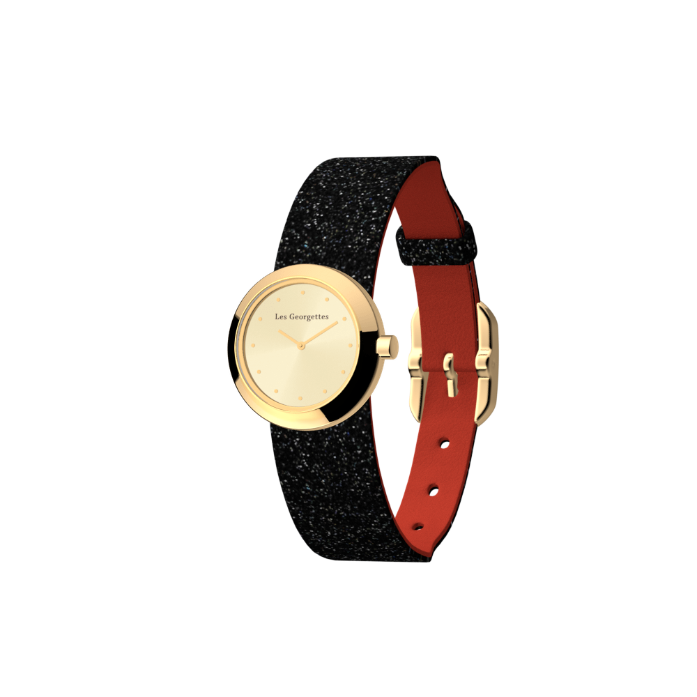 reversible black glitter / red watch, l'absolue round watch case, gold finish