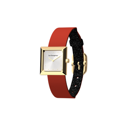 Reversible Black Glitter / Red watch, l'Absolue square watch case, Gold finish reversible-black-glitter-red-watch-l-absolue-square-watch-case-gold-finish-pack_bracelet_cuir_montre