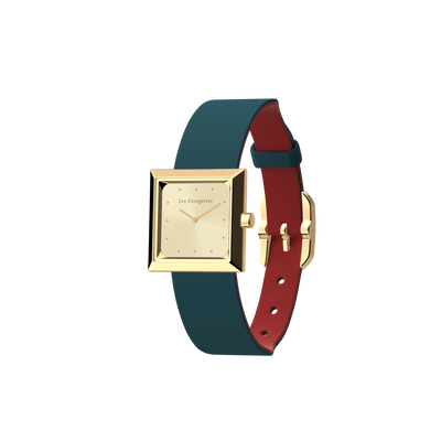 Reversible Petrol Blue / Raspberry watch, l'Absolue square watch case, Gold finish reversible-petrol-blue-raspberry-watch-l-absolue-square-watch-case-gold-finish-pack_bracelet_cuir_montre