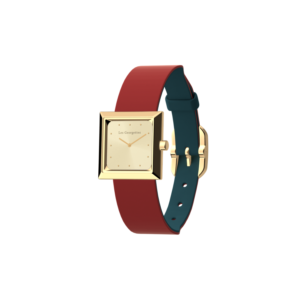 Reversible Petrol Blue / Raspberry watch, l'Absolue square watch case, Gold finish image number 2