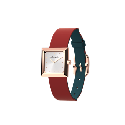Reversible Petrol Blue / Raspberry watch, l'Absolue square watch case, Rose gold finish reversible-petrol-blue-raspberry-watch-l-absolue-square-watch-case-rose-gold-finish-pack_bracelet_cuir_montre