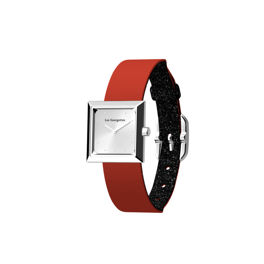 reversible black glitter / red watch, l'absolue square watch case, silver finish