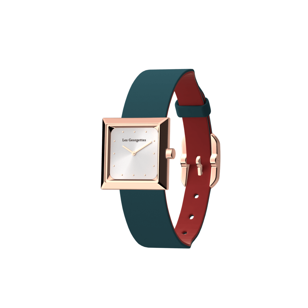 Reversible Petrol Blue / Raspberry watch, l'Absolue square watch case, Rose gold finish image number 1