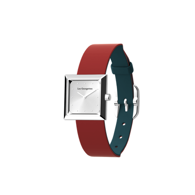Reversible Petrol Blue / Raspberry watch, l'Absolue square watch case, Silver finish reversible-petrol-blue-raspberry-watch-l-absolue-square-watch-case-silver-finish-pack_bracelet_cuir_montre