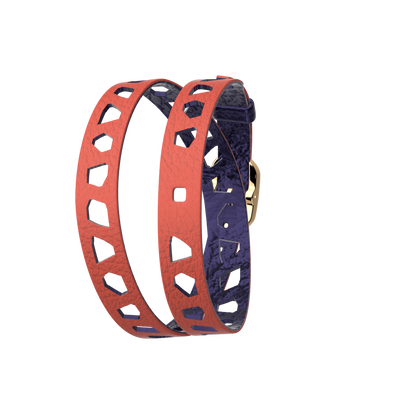 Wraparound leather strap, Girafe Coral / Navy Blue, Gold finish buckle wraparound-leather-strap-girafe-coral-navy-blue-gold-finish-buckle-le_double_tour