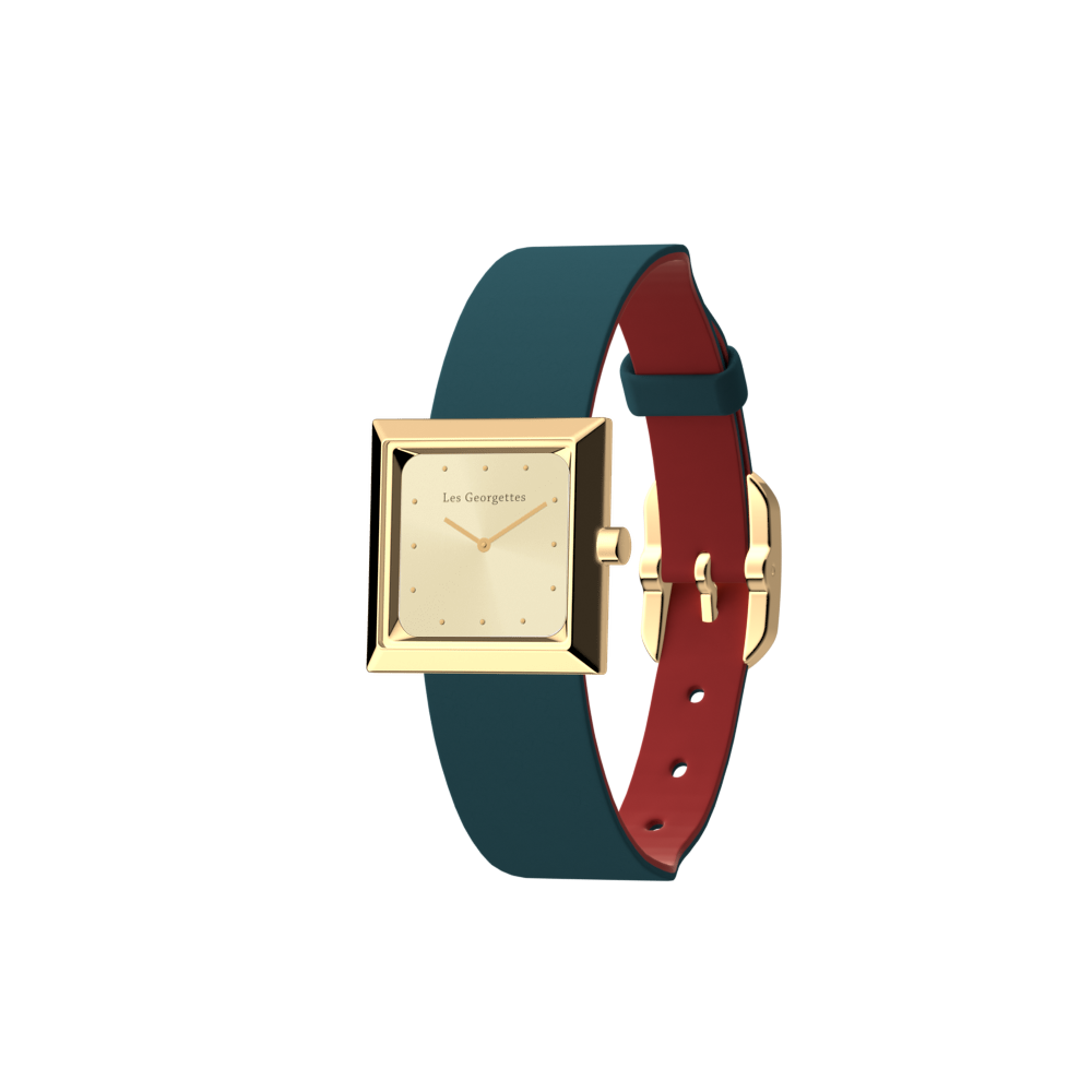 Reversible Petrol Blue / Raspberry watch, l'Absolue square watch case, Gold finish image number 1