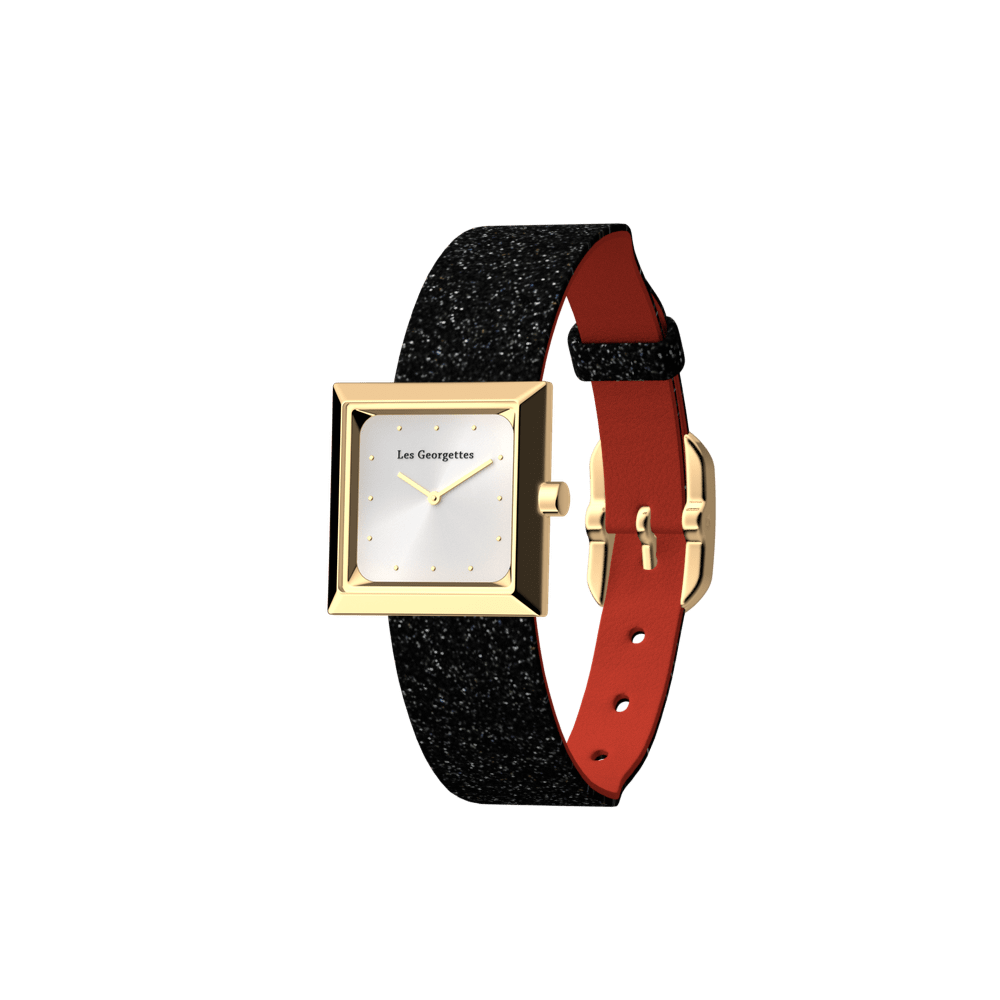 Reversible Black Glitter / Red watch, l'Absolue square watch case, Gold finish image number 1