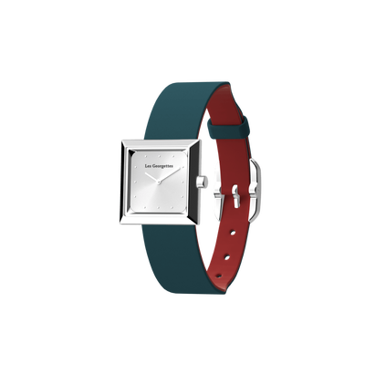 Reversible Petrol Blue / Raspberry watch, l'Absolue square watch case, Silver finish reversible-petrol-blue-raspberry-watch-l-absolue-square-watch-case-silver-finish-pack_bracelet_cuir_montre