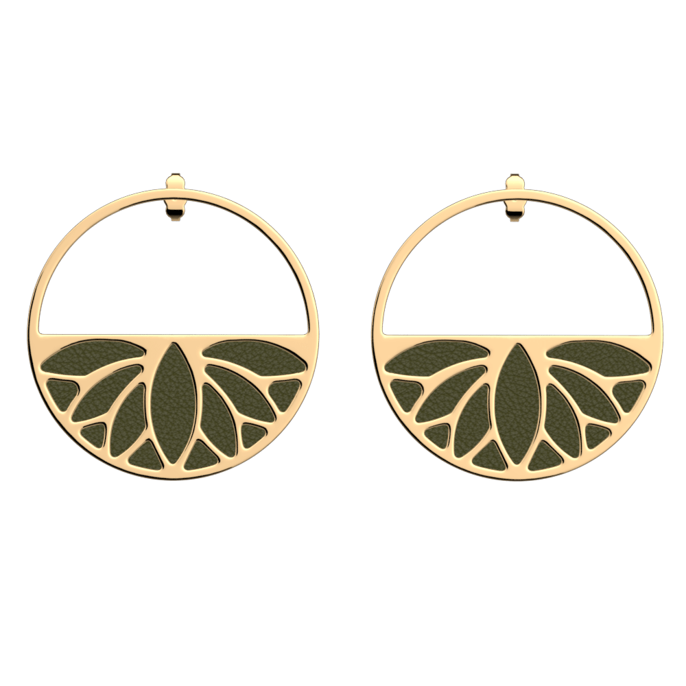 Boucles d'oreilles Lotus, cuirs réversibles Bronze Paillettes / Vert de Gris image number 2
