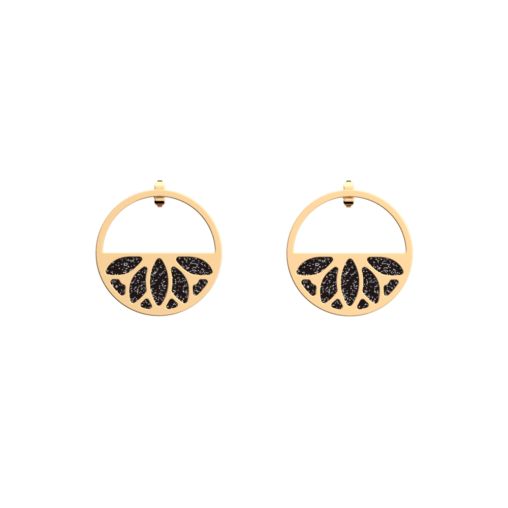Boucles D Oreilles Petites Creoles Lotus Finition Doree Noir Paillete Rouge Soft