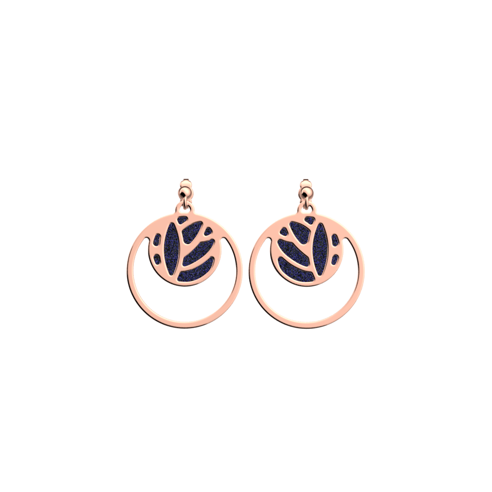 Lotus Double Round Sleepers Earrings, Rose gold finish, Starry Night / Bark Brown image number 1