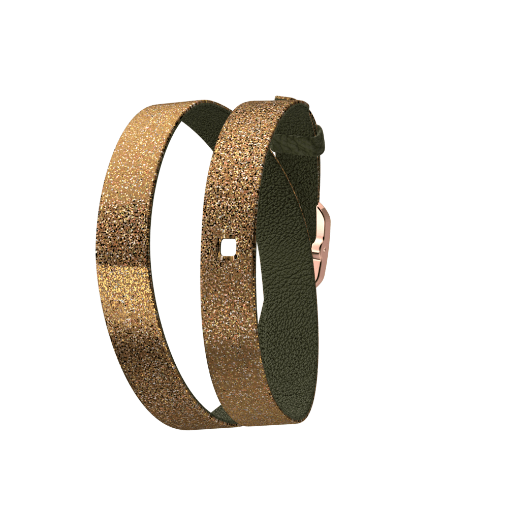 Bracelet Cuir Double Tour, Bronze paillettes / Vert de gris, Boucle Dorée rose image number 1