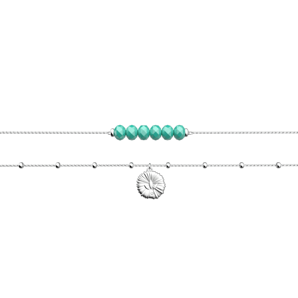Bracelet double rang Summer Lotus Perles Cyan, Finition Argentée image number 1